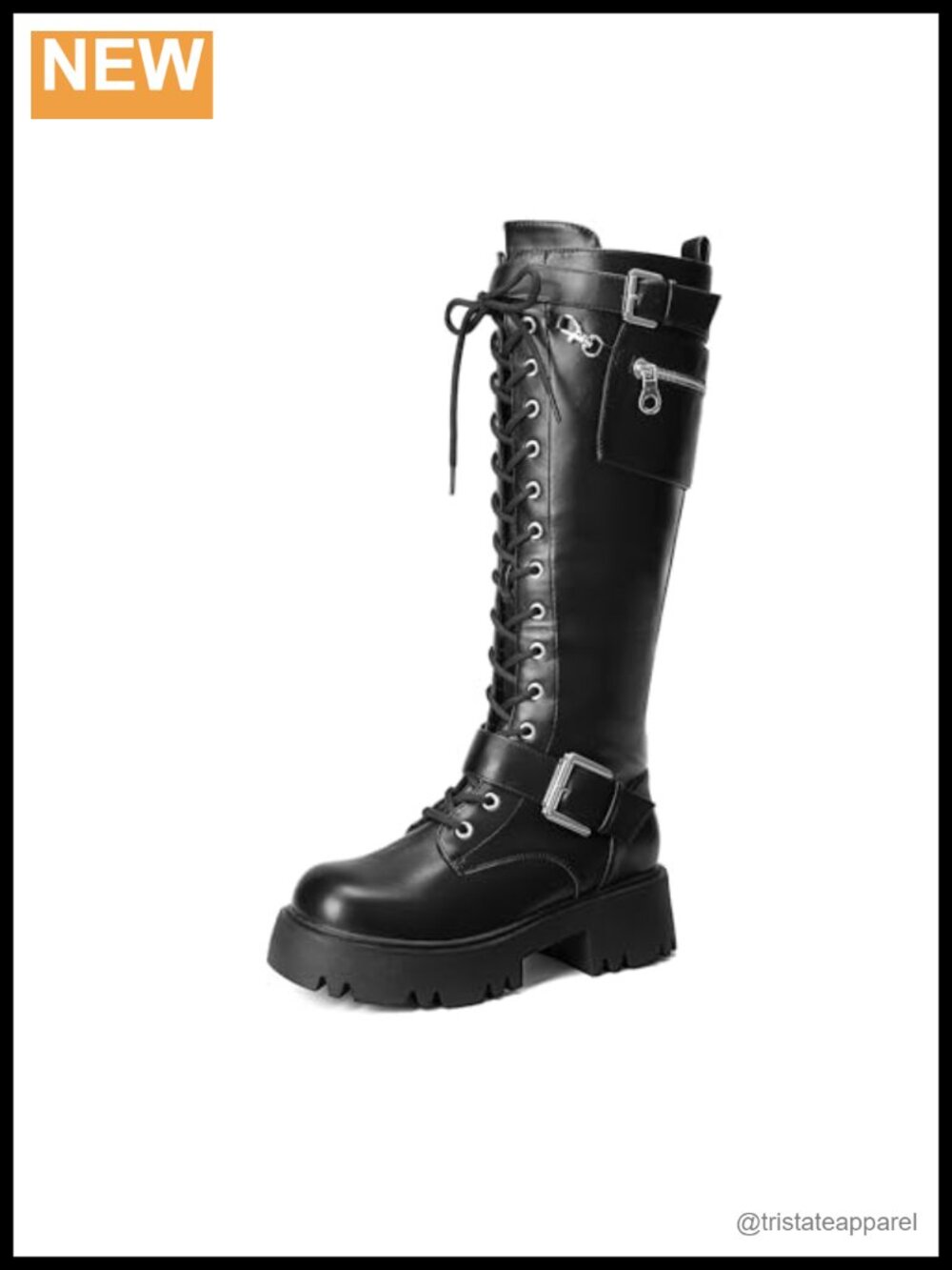 Knee High Combat Boots Platform Heels Faux Leather Lace Up
